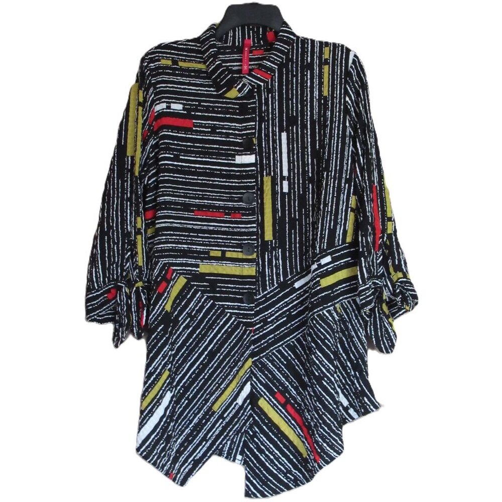 IC by Connie K Women Tunic Black/White Stripe/Asymmetric Buttons Down Artsy USA